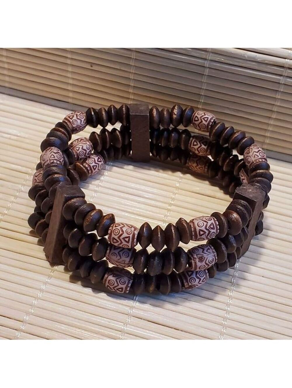 90s Y2K Vintage Boho Brown Tan Wood Acrylic Saucer Beads Stretch Bracelet